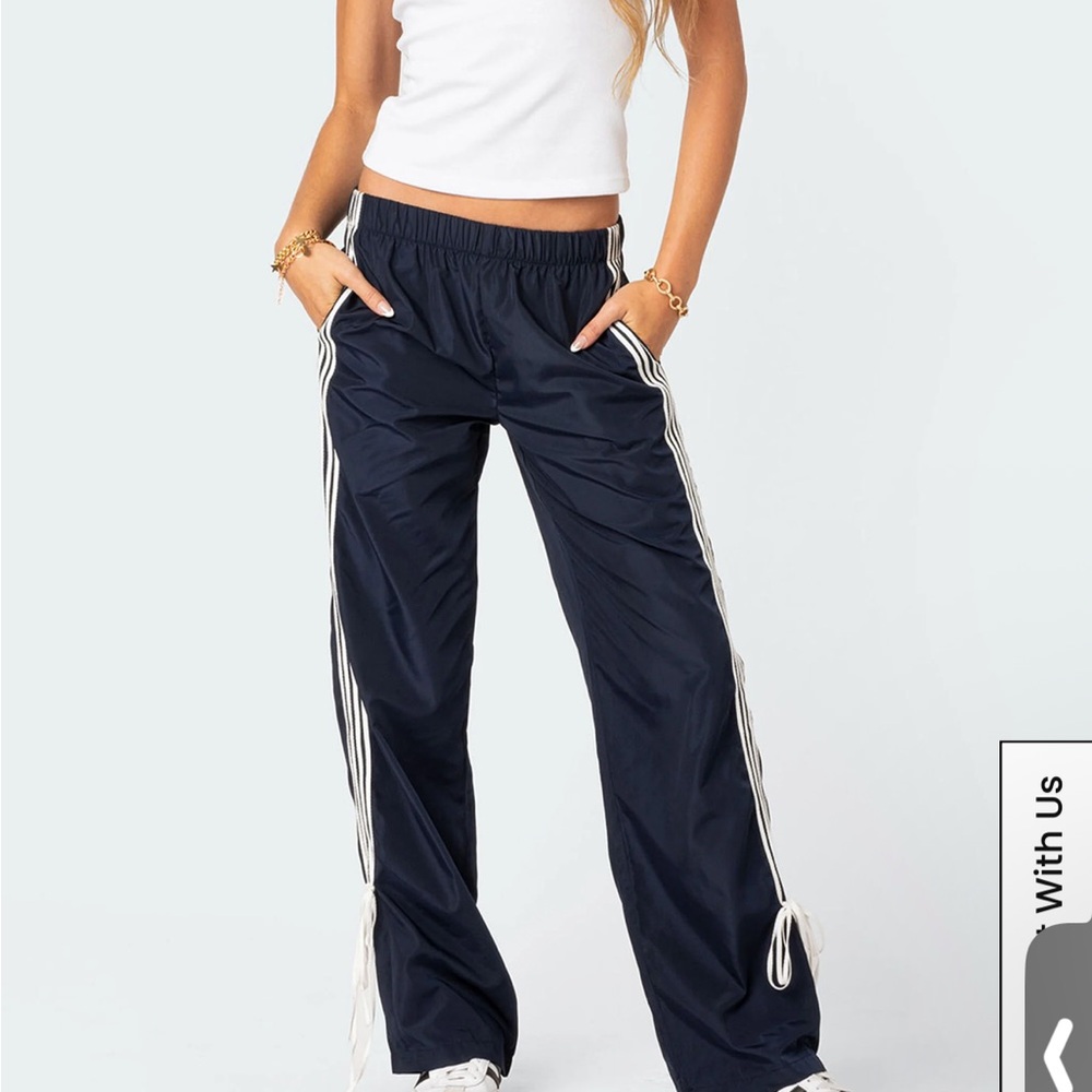 Edikted Navy Blue Track Pants with White Stripes & Bow
